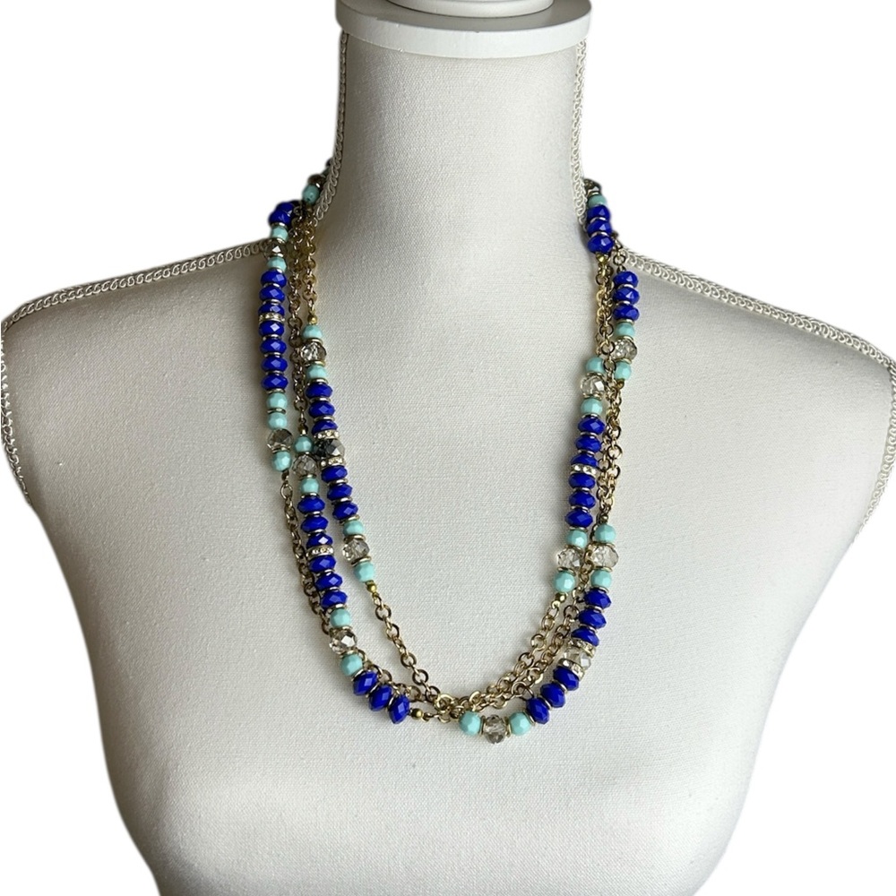 INC Crystals Blues And Gold Long Beaded Necklace